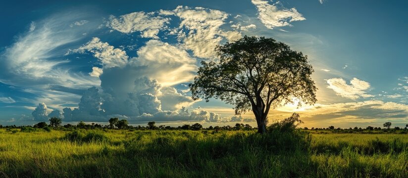 Panoramic landscape view of a lone tree in a vast grassy field under a dramatic sky with clouds during sunset Copy Space