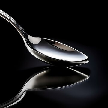 spoon, stainless steel, reflective, close-up, isolated, minimalistic, elegant, modern, kitchen utensil, smooth, polished, detailed lighting, high-resolution, black background, soft shadows, realistic 