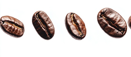 Obraz premium Coffee beans arranged in a row with smooth texture and rich brown color on a white background with Copy Space for text placement