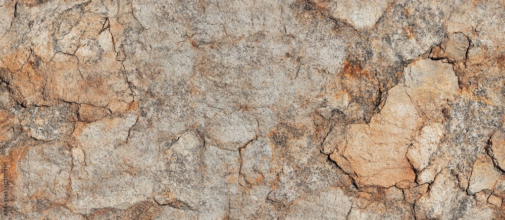 Poster close-up texture of rough weathered stone surface with cracks and color variations ideal for backgro