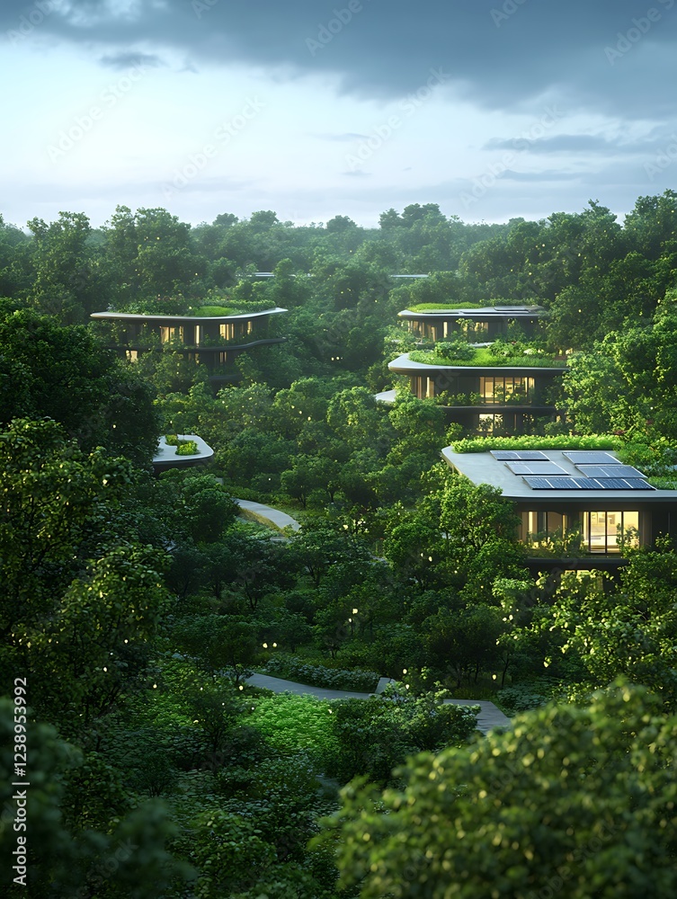 Poster A detailed 3D architectural model showcasing sustainable design elements in a visually appealing format.
