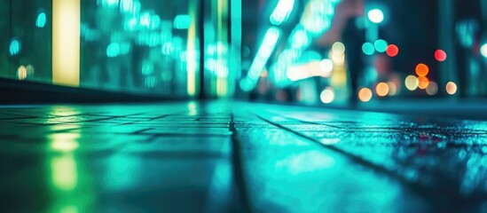 Urban night street view with blurred neon lights and reflections on wet pavement, perspective from ground level, Copy Space