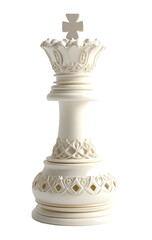 Fototapeta premium White chess queen piece with intricate details, a symbol of power and strategic thinking in the game of chess, isolated on transparent background, PNG, cut out