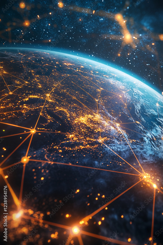 Poster A digital representation of Earth's interconnected network, showcasing glowing city lights, a visual representation of global communication and technological connectivity from space.