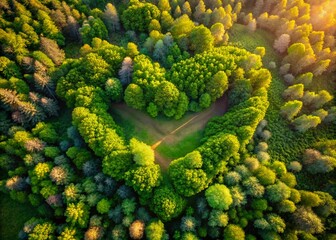 Naklejka premium Heart-Shaped Forest Glade, Springtime Aerial View, Bright Sunlight, Warm Colors