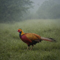 Fototapeta premium Picture a golden pheasant gliding through a misty morning meadow.