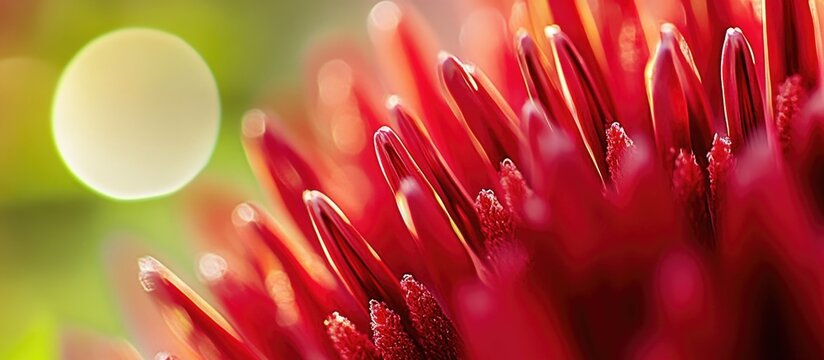 Macro close-up of red flower petals with soft bokeh background, rich colors, and detail, ideal for nature backgrounds and floral themes. Copy Space