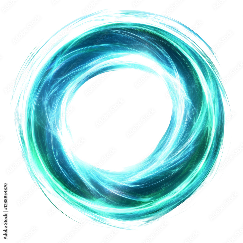 Poster a digital illustration of an abstract teal energy circle with a swirling vortex pattern, creating a 