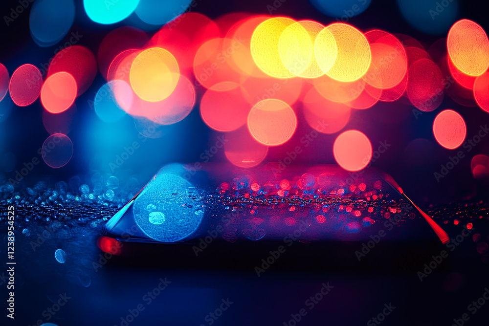 Poster A smartphone rests on a surface, illuminated by vibrant bokeh lights that create a dynamic nighttime atmosphere filled with color and soft reflections