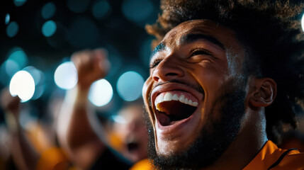 joyful moment of rugby fan celebrating with excitement and enthusiasm. vibrant atmosphere captures thrill of game and connection among supporters
