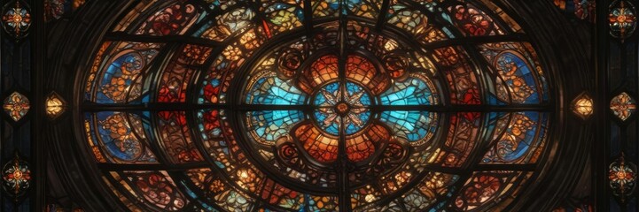 Obraz premium Ornate stained glass window with vibrant colors, art, colorful