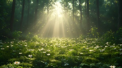 Obraz premium Sunbeams illuminate forest meadow, fireflies, morning