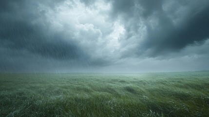 Rainy Field Under Dark Storm Clouds
