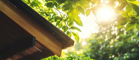 Roof edge surrounded by vibrant green leaves with sunlight filtering through, creating a natural and serene outdoor setting. Copy Space