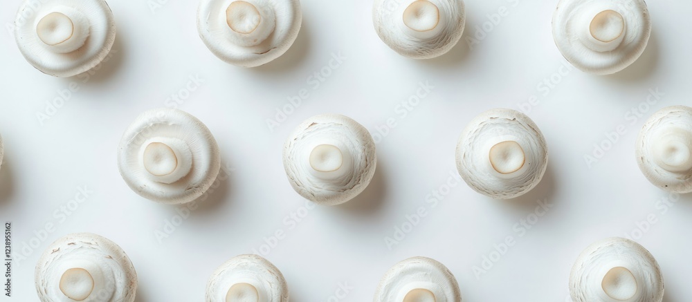 Poster white ceramic cups arranged in a repetitive pattern on a clean surface with ample copy space for des