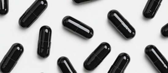 Black capsules scattered on a white background with space for text Copy Space