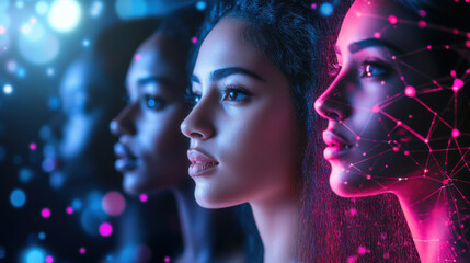 Diverse women in profile with digital effects and colorful lights, representing multiculturalism and technology. image evokes sense of unity and innovation