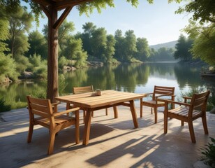 Obraz premium Outdoor wooden furniture set in serene riverside location, relaxing ambiance, forest setting, wooden deck, wilderness retreat