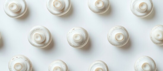 White ceramic cups arranged in a repetitive pattern on a clean surface with ample copy space for design elements