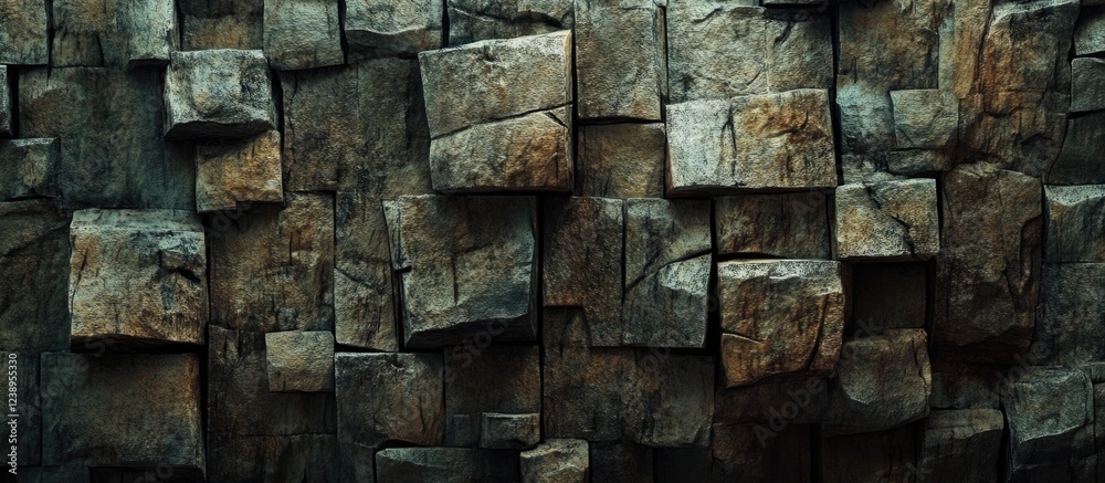 Poster textured stone wall background with uneven rock blocks in various sizes and shapes for architectural