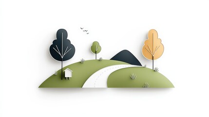 Colorful Landscape Illustration with Trees, Mountain, and Curved Road in Flat Design Style
