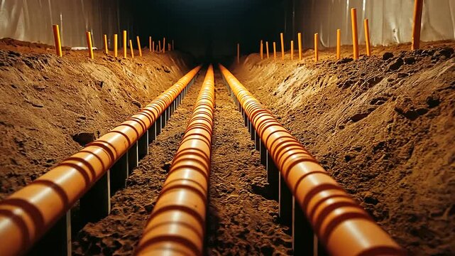 A trench filled with orange heating pipes laid in parallel, surrounded by rich brown soil and construction tools.