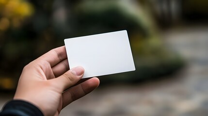 Obraz premium Elegant Business Card Mockup Held in Natural Lighting for Personalized Presentation