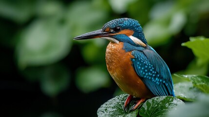 Kingfisher perched on leaf, rainforest background, wildlife photography