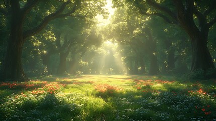 Sunlit Forest Path, Flowers, Mist, Nature, Background, Fantasy, Design
