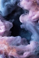 A cosmic-inspired border features swirling smoke in deep purples and blues, accented with shimmering silver. Star-like particles are subtly scattered, enhancing the mystical vibe