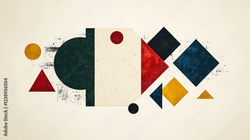 Leinwandbilder This artwork features an arrangement of colorful geometric shapes including triangles, circles, and squares, creating an eye-catching abstract design on a light backdrop