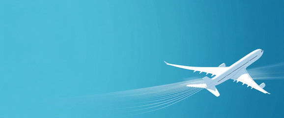 Silhouette of an airplane flying upwards with dynamic lines trailing behind, symbolizing motion, air travel, and digital connectivity against a bright blue sky background.