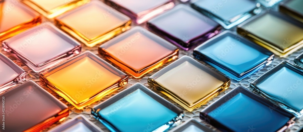 Poster colorful glass tiles arranged in grid pattern with reflections and shadows creating visual depth and