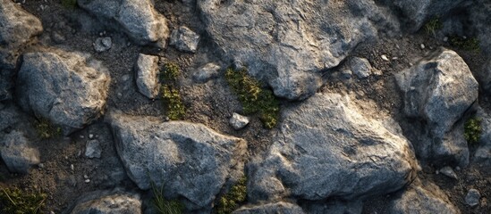 Stone pathway texture with various rocks and patches of grass under natural lighting Copy Space