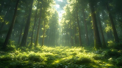 Obraz premium Sunlit forest path, misty morning, tranquil nature scene, background foliage, idyllic