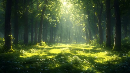 Fototapeta premium Sunbeams illuminate misty forest path, nature background, serenity