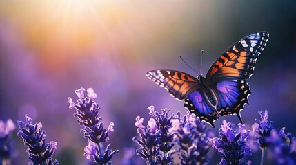 Butterfly with orange and purple wings resting on lavender flowers in a sunlit field