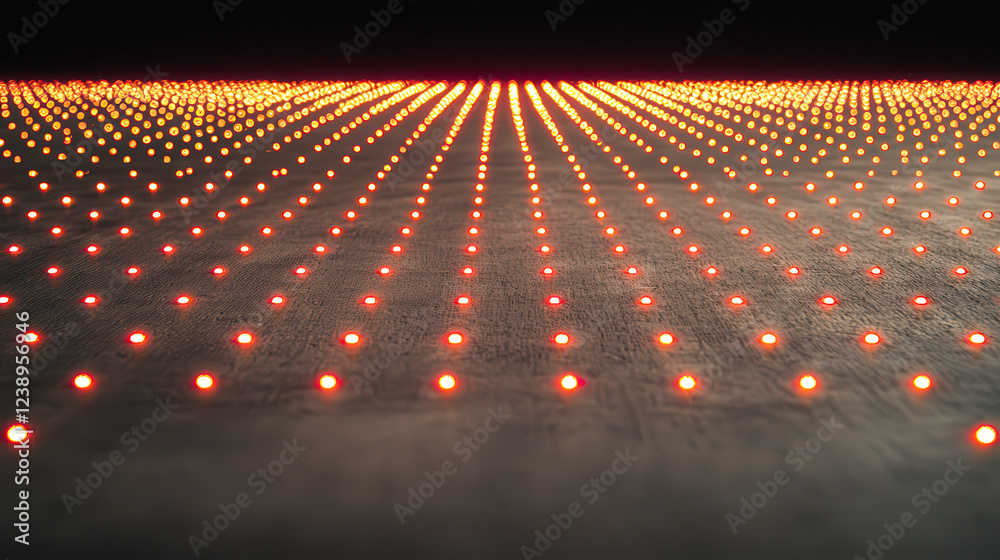Leinwandbilder An impressive array of numerous glowing orange lights is arranged in a precise grid pattern across a dark surface, creating a captivating visual effect at an artistic event