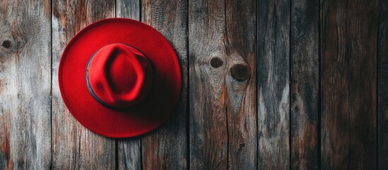 Fototapeta premium Red felt hat on rustic wooden background with ample copy space for text placement