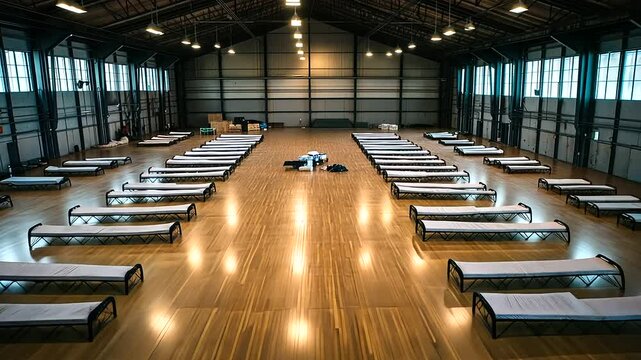 Aerial view of an emergency shelter setup in a gym, with cots in evenly spaced rows and a table with relief supplies in the corner.