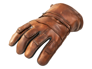 Close-up of a worn brown leather glove with stitching details, against a transparent background. The textured leather with subtle light and shadows adds a vintage feel