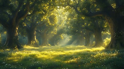 Obraz premium Sunlit forest path, green meadow, morning mist, peaceful nature, idyllic background, ideal for fantasy or nature projects