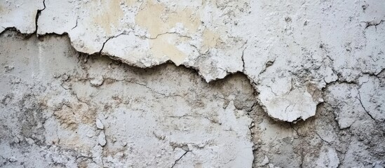 Obraz premium Cracked and Damaged White Wall Texture Showing Crumbling Surface with Uneven Layers and Fissures Copy Space
