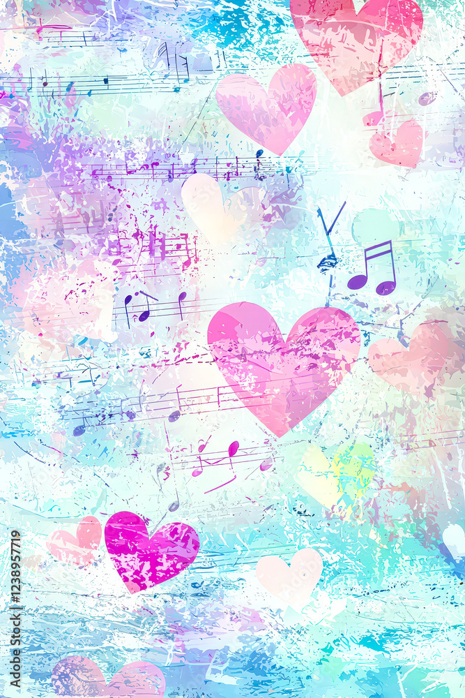 Aufkleber a decorative background displays scattered hearts and musical notes in pastel colors, creating a joy