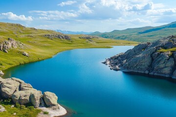 Obraz premium Serene Mountain Lake Landscape - A breathtaking view of a crystal-clear mountain lake nestled amidst rolling green hills and rocky outcrops under a bright blue sky.