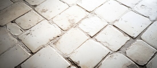 Old white ceramic tile floor with uneven surfaces and subtle stains suitable for background or texture design use