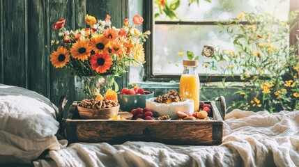 Fototapeta premium Bright and Inviting Breakfast Tray with Fresh Flowers and Fruits on a Cozy Bed