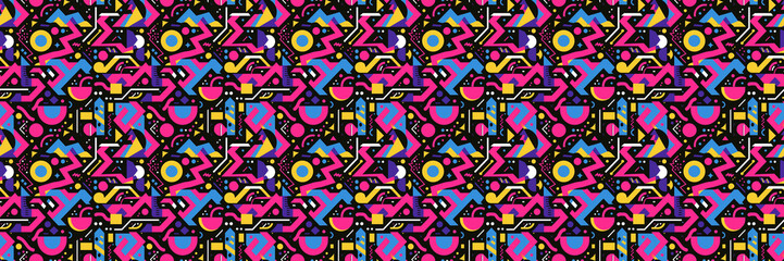 Naklejka premium Seamless pattern with geometric shapes in the style. Multicolored vintage background with triangles, circles and squares for textile, fabric and Sudanese fabric art.