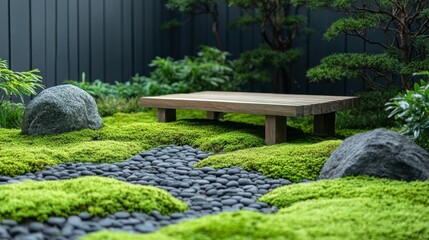 Serene Japanese Zen Garden with Moss and Wooden Bench