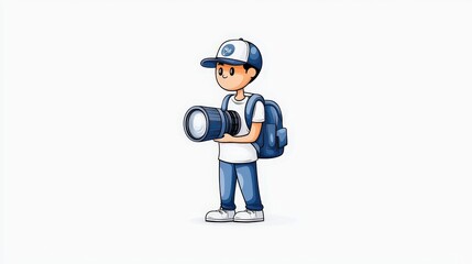 Fototapeta premium Cartoon of a Young Photographer Holding a Camera with Blue Backpack and Cap on White Background